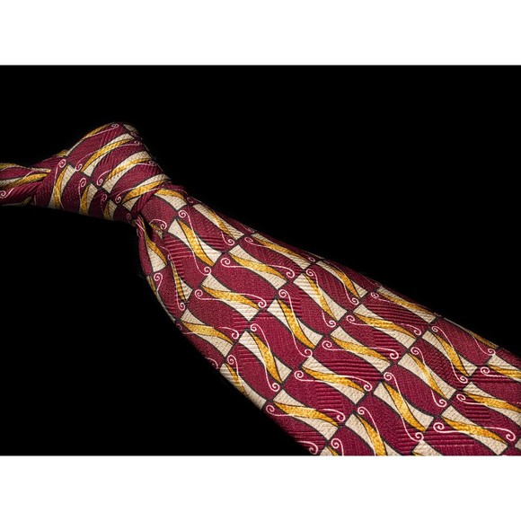 Tom James 100% Silk Tie Burgundy Gold Geometric Men's Designer Necktie USA - Picture 1 of 5